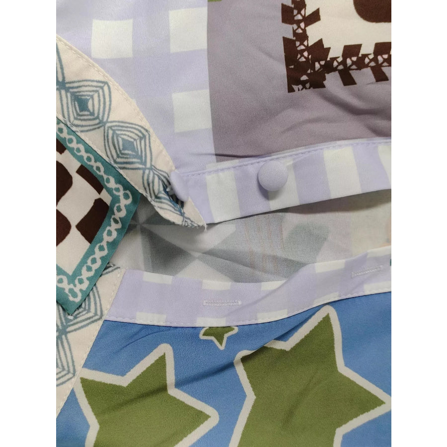 Full Size Printed Lantern Sleeve Button Up Shirt Plus Size Apparel and Accessories