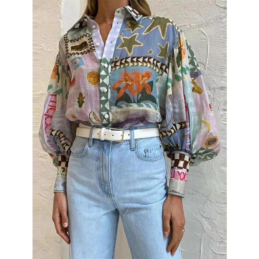 Full Size Printed Lantern Sleeve Button Up Shirt Plus Size Apparel and Accessories