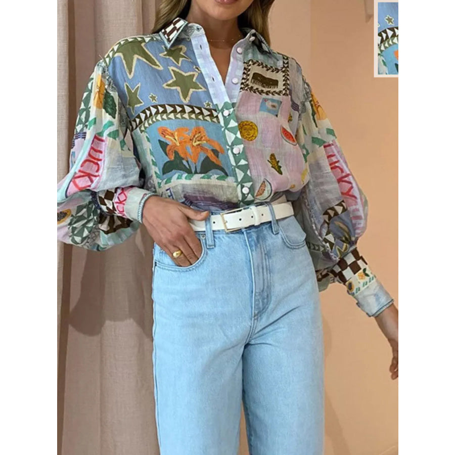 Full Size Printed Lantern Sleeve Button Up Shirt Plus Size Lilac / S Apparel and Accessories