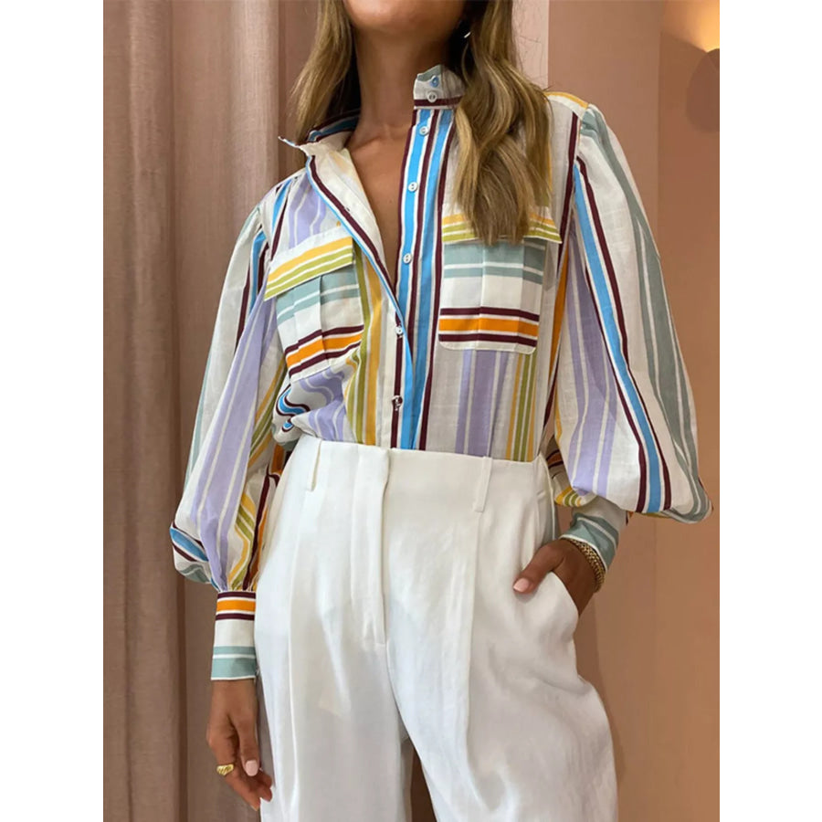 Full Size Printed Lantern Sleeve Button Up Shirt Plus Size Stripe / S Apparel and Accessories