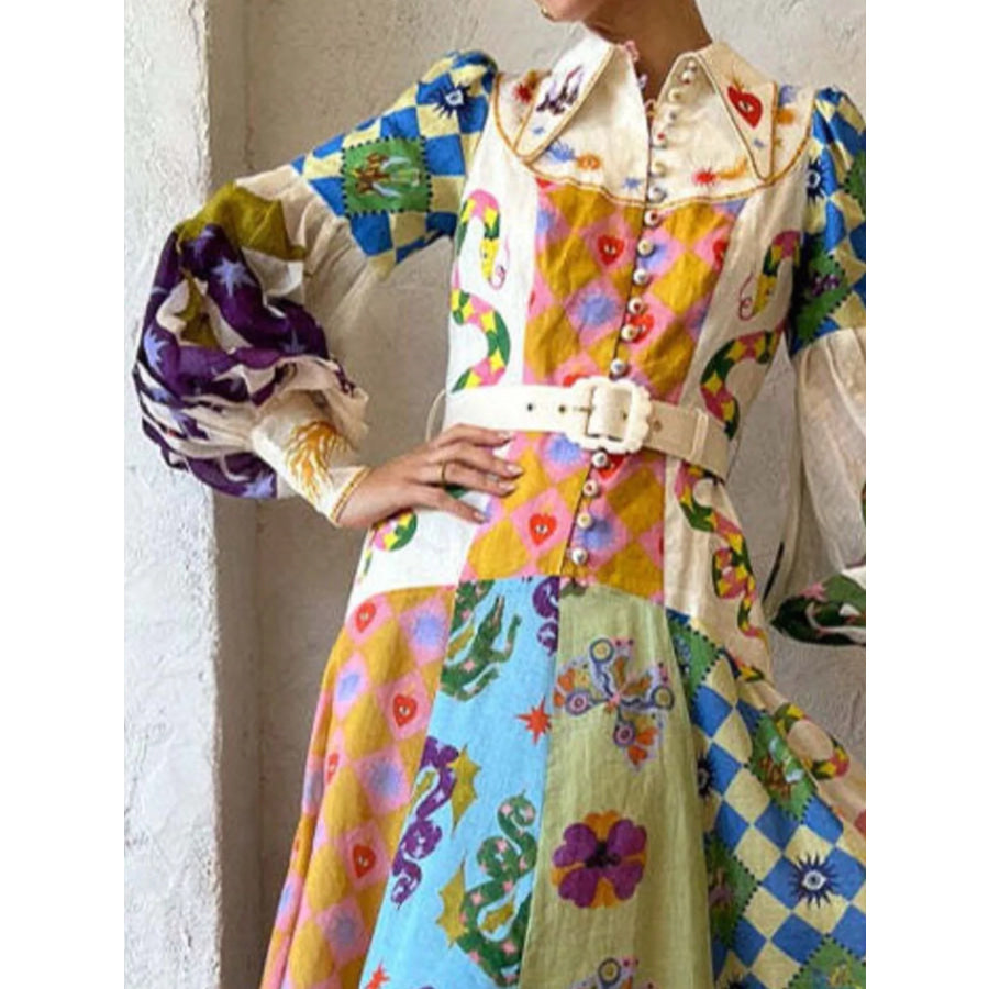 Full Size Printed Lantern Sleeve Maxi Dress Plus Size Apparel and Accessories