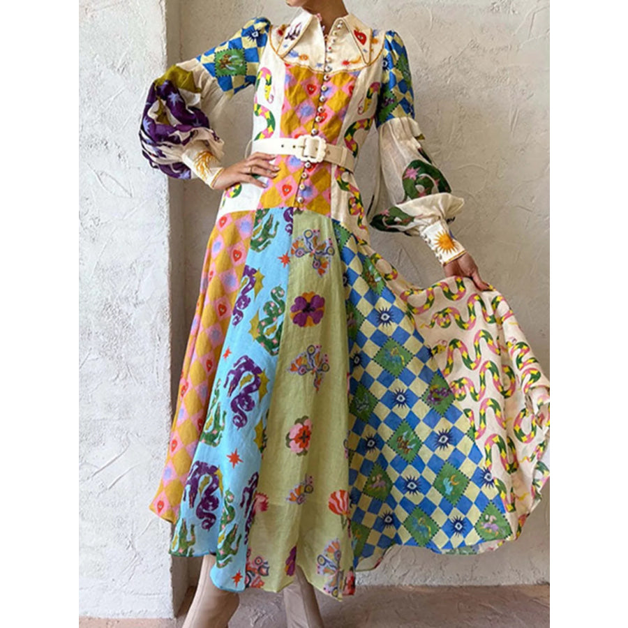 Full Size Printed Lantern Sleeve Maxi Dress Plus Size Multicolor / M Apparel and Accessories