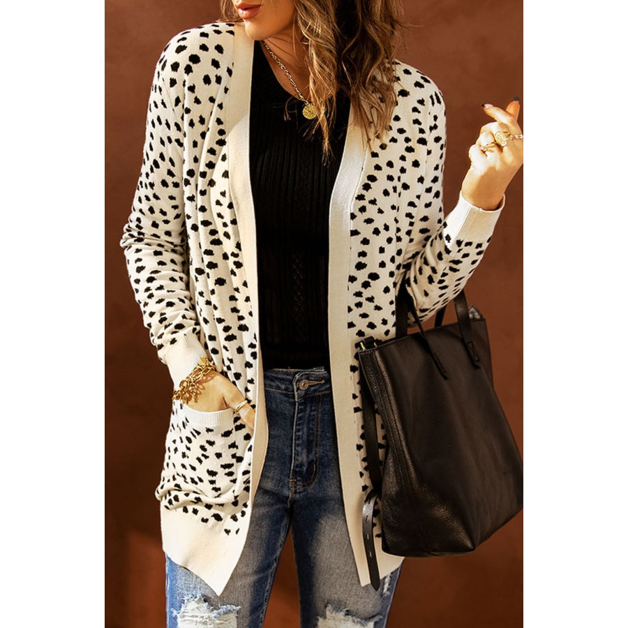 Full Size Printed Long Sleeve Cardigan with Pocket Sand / S
