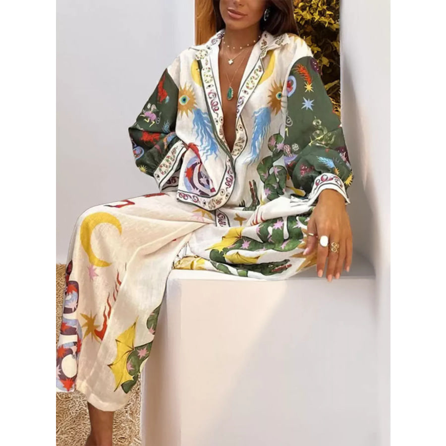 Full Size Printed Long Sleeve Shirt and Wide Leg Pants Set Plus Size Apparel and Accessories
