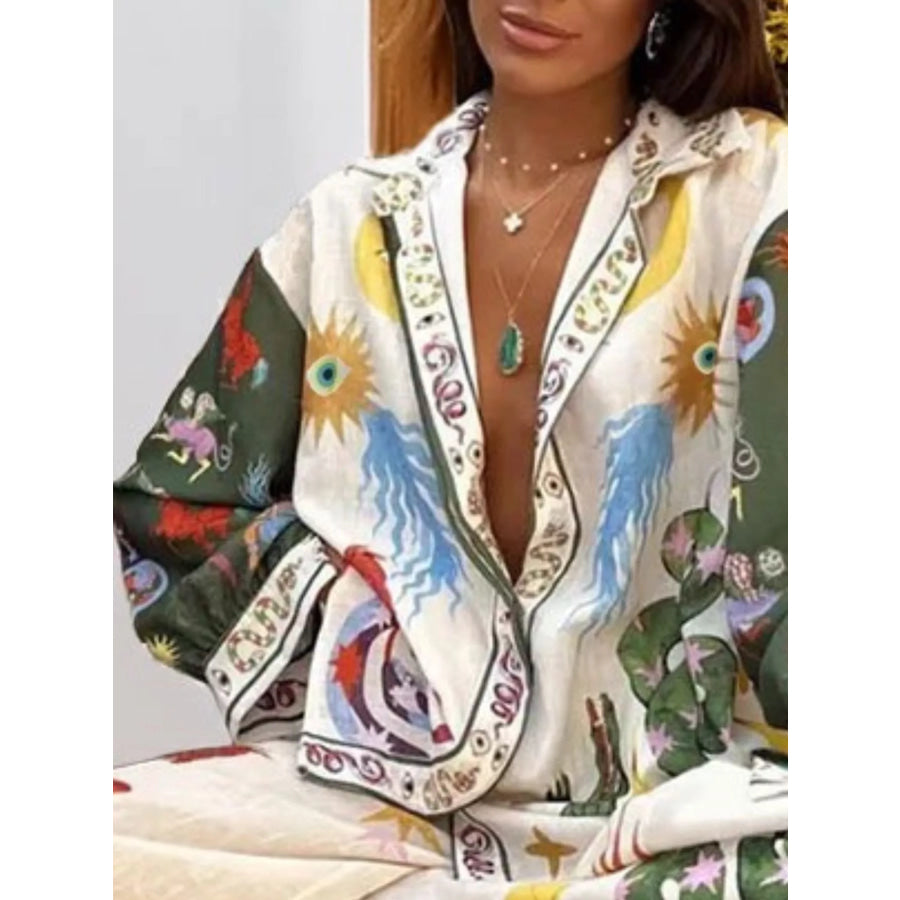Full Size Printed Long Sleeve Shirt and Wide Leg Pants Set Plus Size Apparel and Accessories
