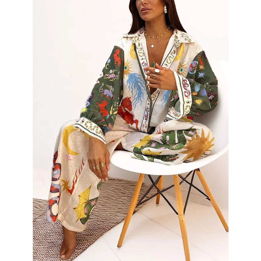 Full Size Printed Long Sleeve Shirt and Wide Leg Pants Set Plus Size Multicolor / S Apparel and Accessories