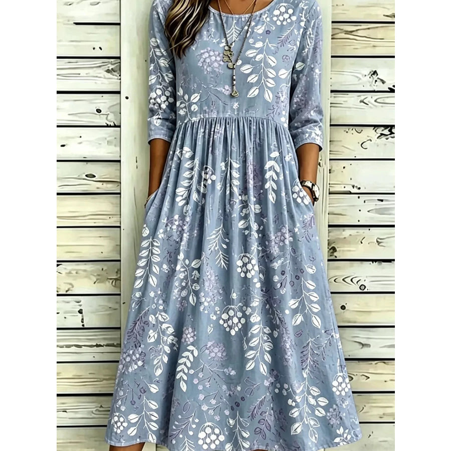 Full Size Printed Midi Dress with Pockets Plus Apparel and Accessories