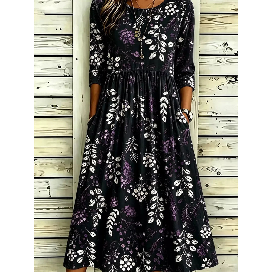 Full Size Printed Midi Dress with Pockets Plus Apparel and Accessories