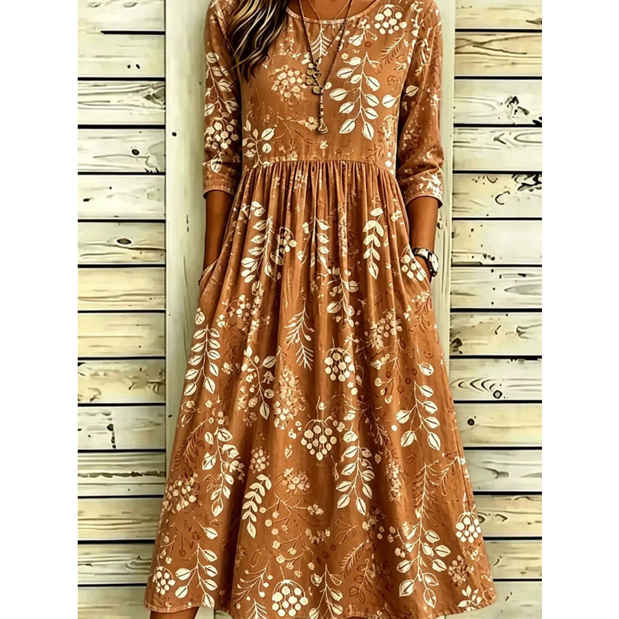 Full Size Printed Midi Dress with Pockets Plus Apparel and Accessories