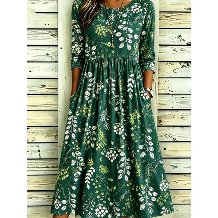 Full Size Printed Midi Dress with Pockets Plus Black Forest / S Apparel and Accessories