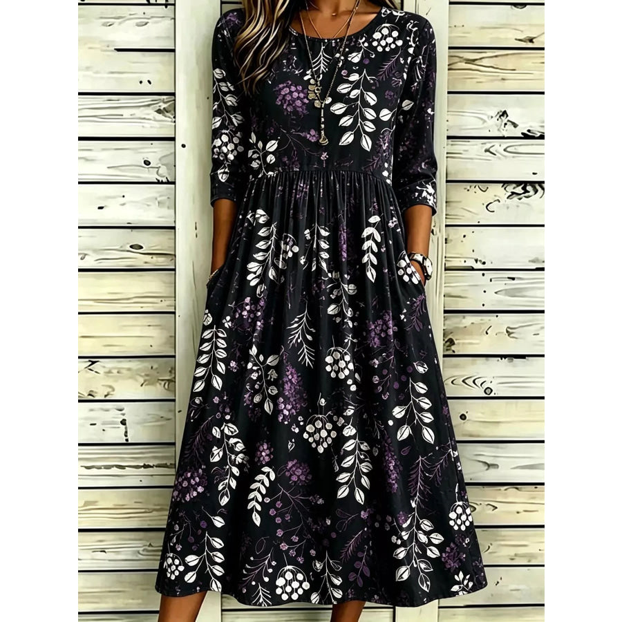 Full Size Printed Midi Dress with Pockets Plus Black / S Apparel and Accessories