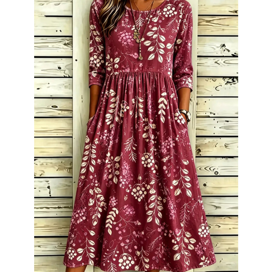 Full Size Printed Midi Dress with Pockets Plus Burgundy / S Apparel and Accessories