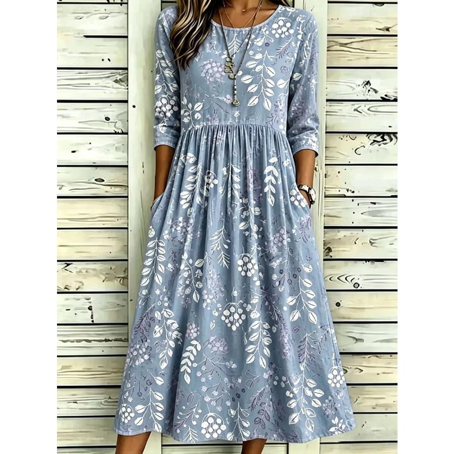 Full Size Printed Midi Dress with Pockets Plus Light Blue / S Apparel and Accessories
