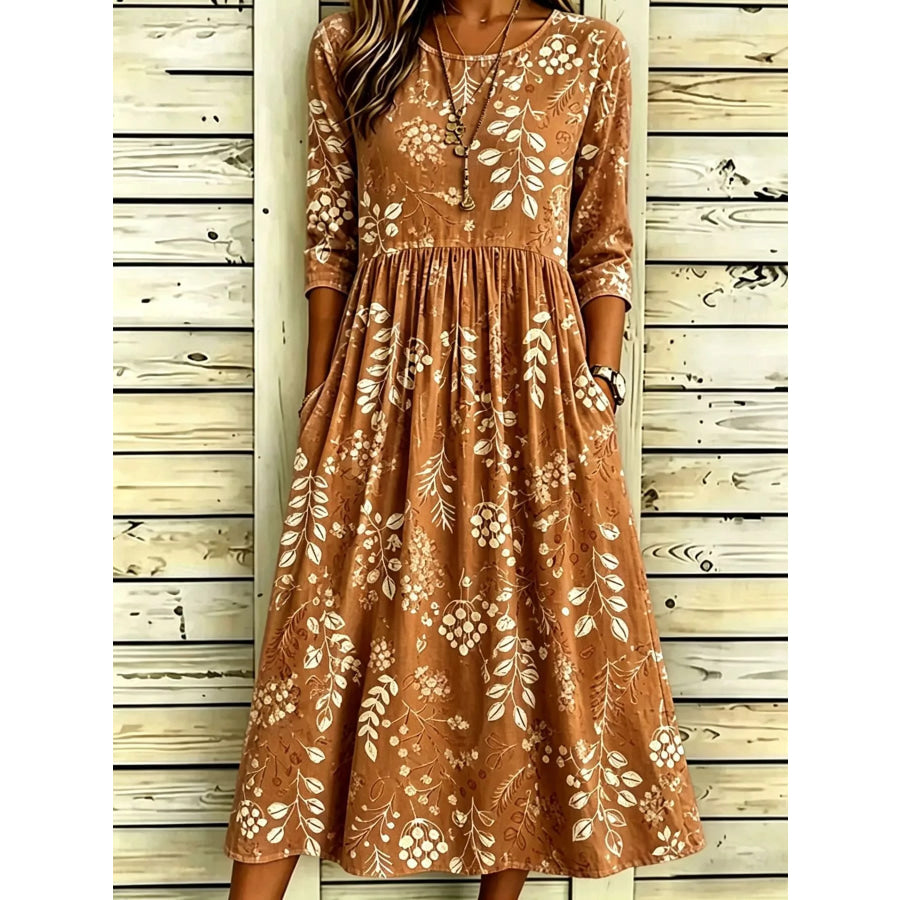 Full Size Printed Midi Dress with Pockets Plus Mustard / S Apparel and Accessories
