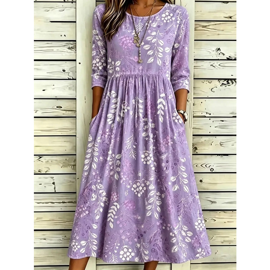 Full Size Printed Midi Dress with Pockets Plus Pink Purple / S Apparel and Accessories