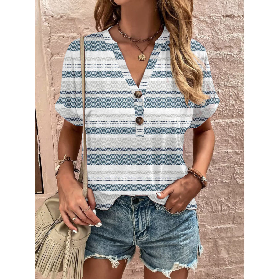 Full Size Printed Notched Short Sleeve Blouse Air Force Blue / S Apparel and Accessories