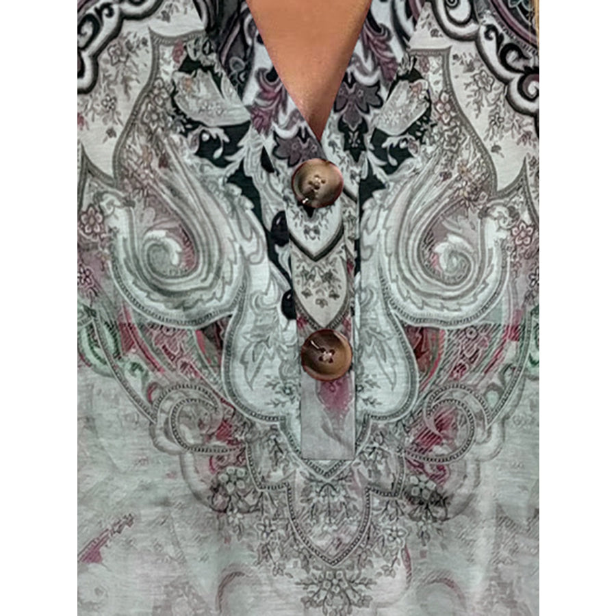 Full Size Printed Notched Short Sleeve Blouse Apparel and Accessories