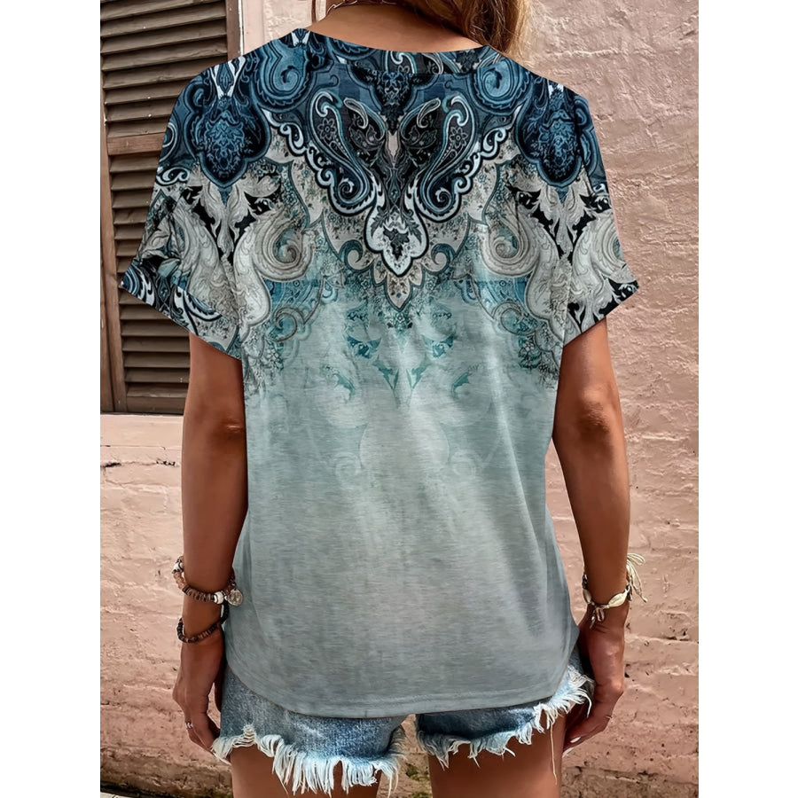 Full Size Printed Notched Short Sleeve Blouse Apparel and Accessories