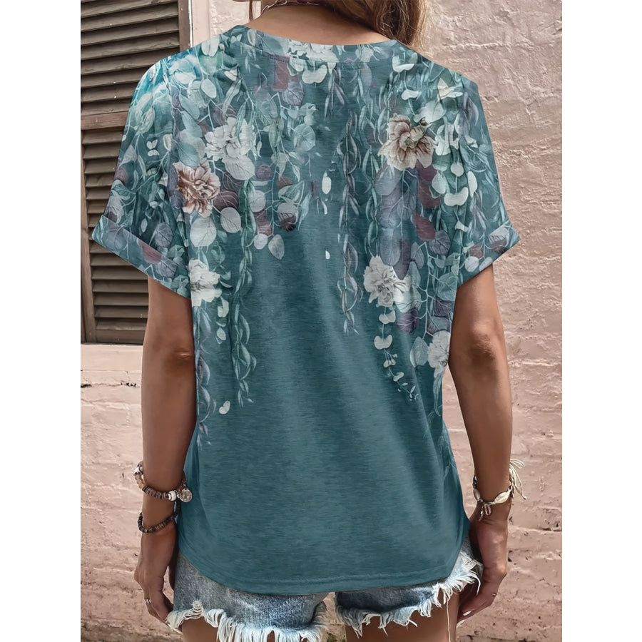 Full Size Printed Notched Short Sleeve Blouse Apparel and Accessories