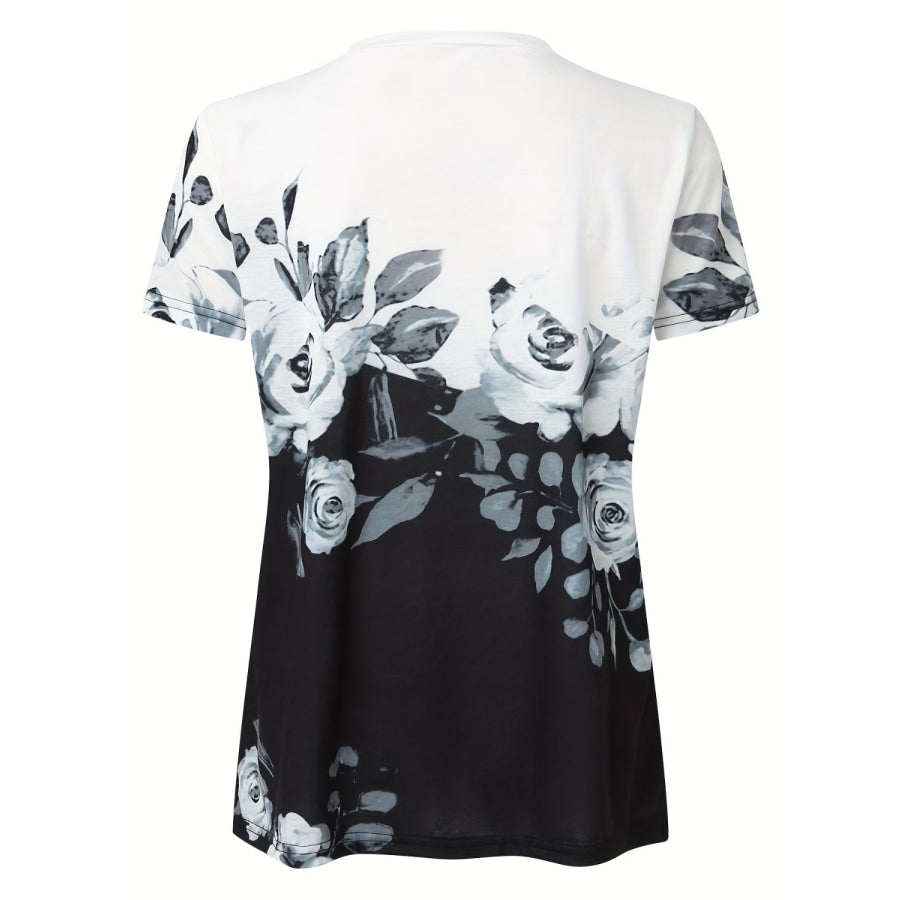 Full Size Printed Notched Short Sleeve Blouse Apparel and Accessories