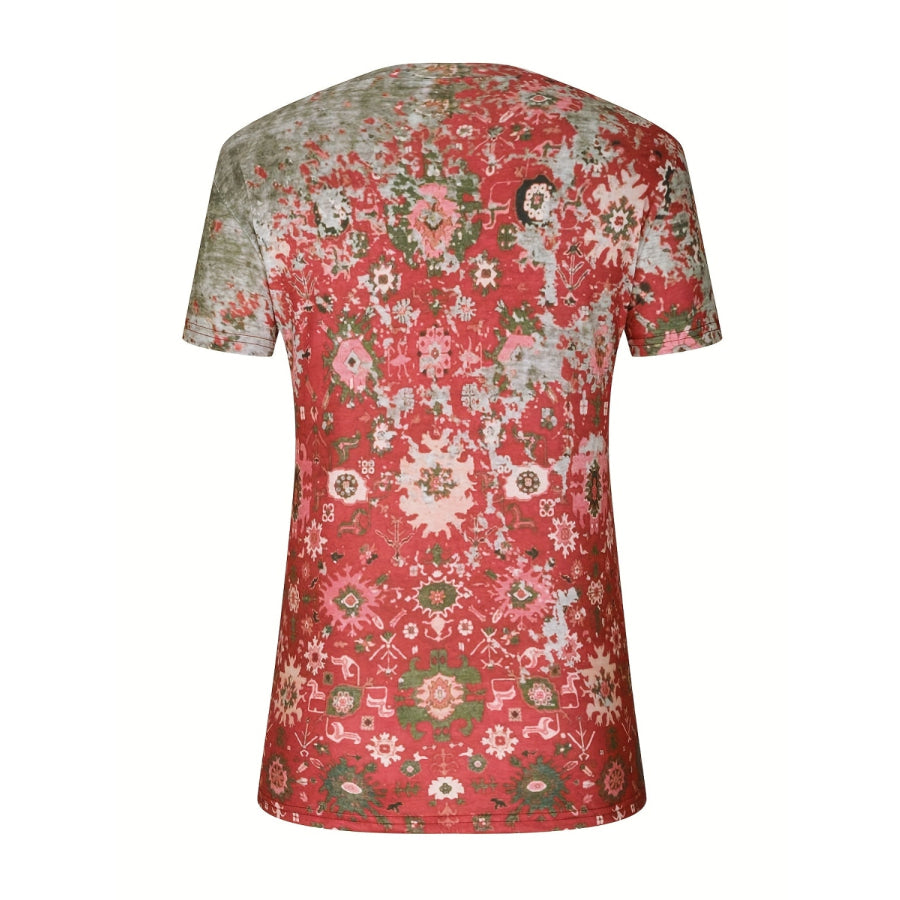 Full Size Printed Notched Short Sleeve Blouse Apparel and Accessories