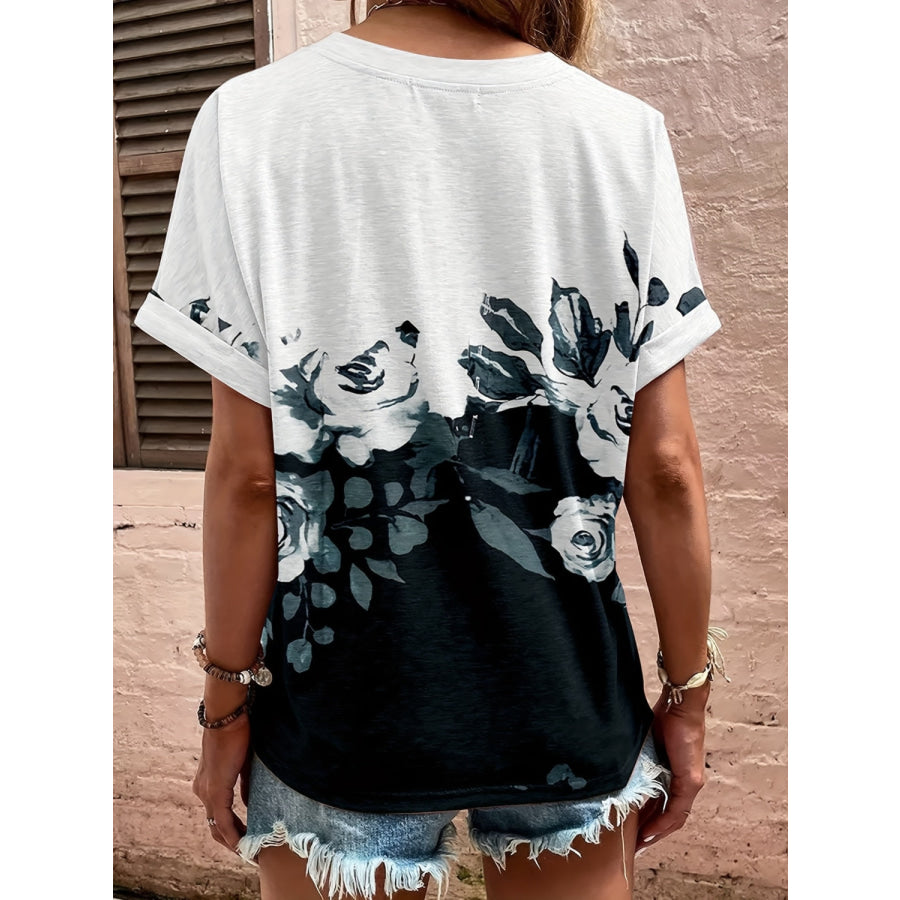 Full Size Printed Notched Short Sleeve Blouse Apparel and Accessories