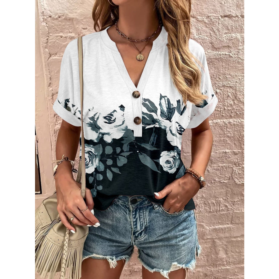 Full Size Printed Notched Short Sleeve Blouse Black / S Apparel and Accessories