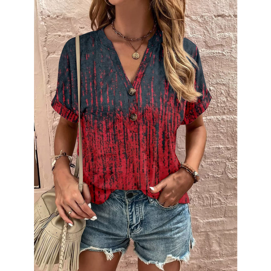 Full Size Printed Notched Short Sleeve Blouse Burgundy / S Apparel and Accessories