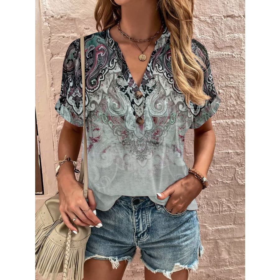 Full Size Printed Notched Short Sleeve Blouse Dark Green / S Apparel and Accessories