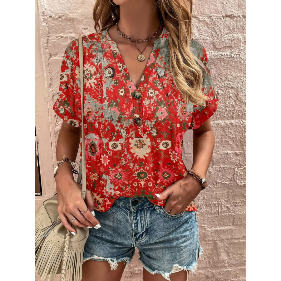 Full Size Printed Notched Short Sleeve Blouse Deep Red / S Apparel and Accessories