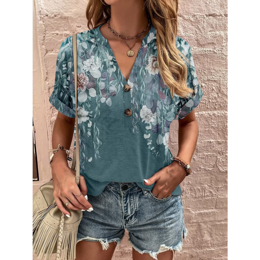 Full Size Printed Notched Short Sleeve Blouse Deep Teal / S Apparel and Accessories