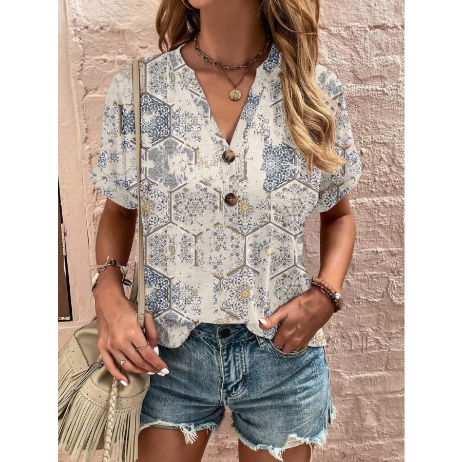 Full Size Printed Notched Short Sleeve Blouse Dust Storm / S Apparel and Accessories