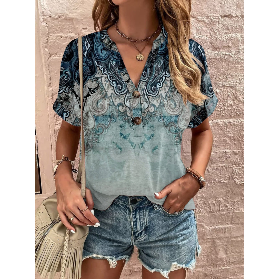 Full Size Printed Notched Short Sleeve Blouse French Blue / S Apparel and Accessories