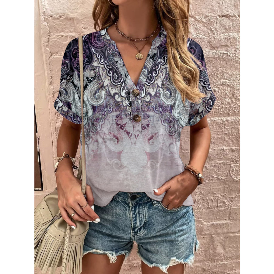 Full Size Printed Notched Short Sleeve Blouse Pink Purple / S Apparel and Accessories