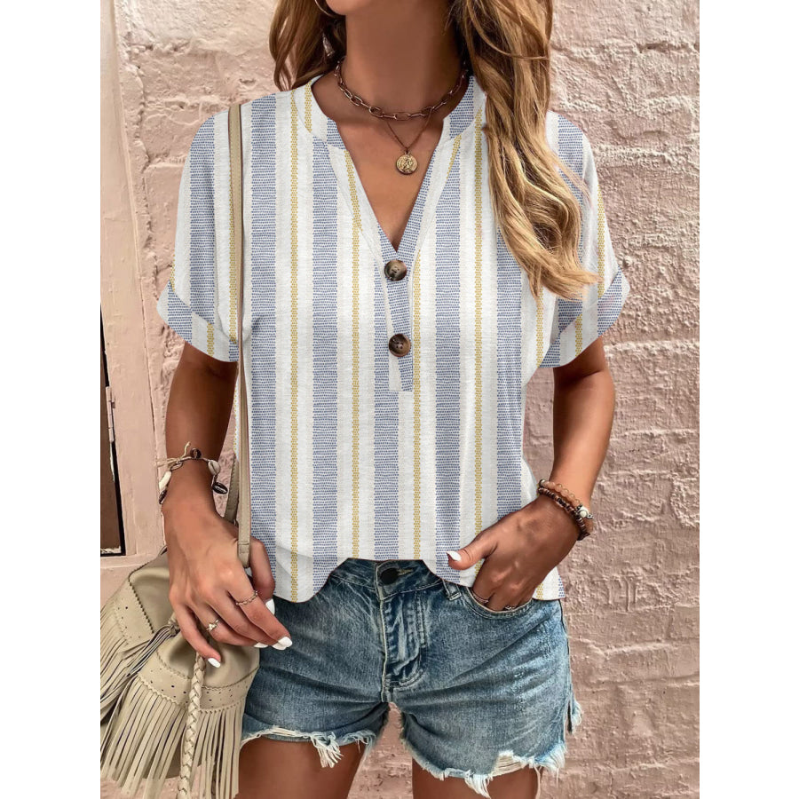 Full Size Printed Notched Short Sleeve Blouse Stripe / S Apparel and Accessories