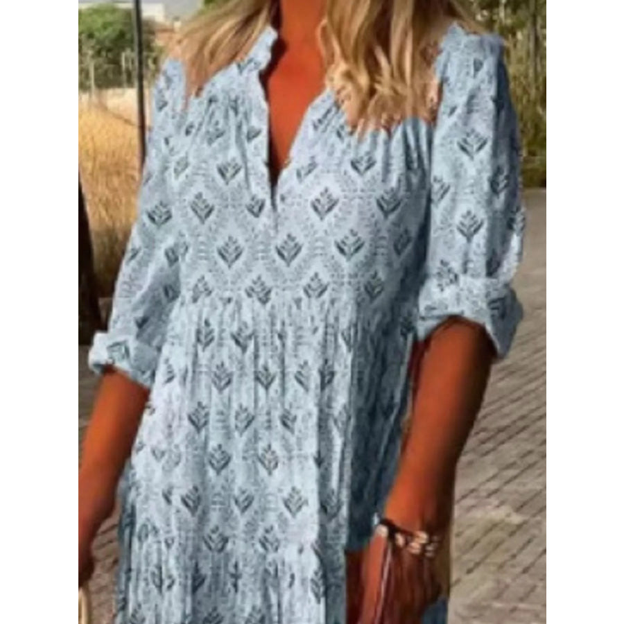 Full Size Printed Notched Tiered Maxi Dress Plus Blue / S Apparel and Accessories