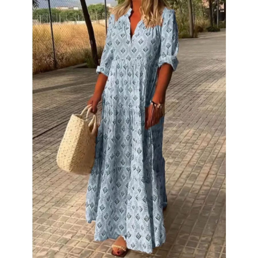 Full Size Printed Notched Tiered Maxi Dress Plus Blue / S Apparel and Accessories