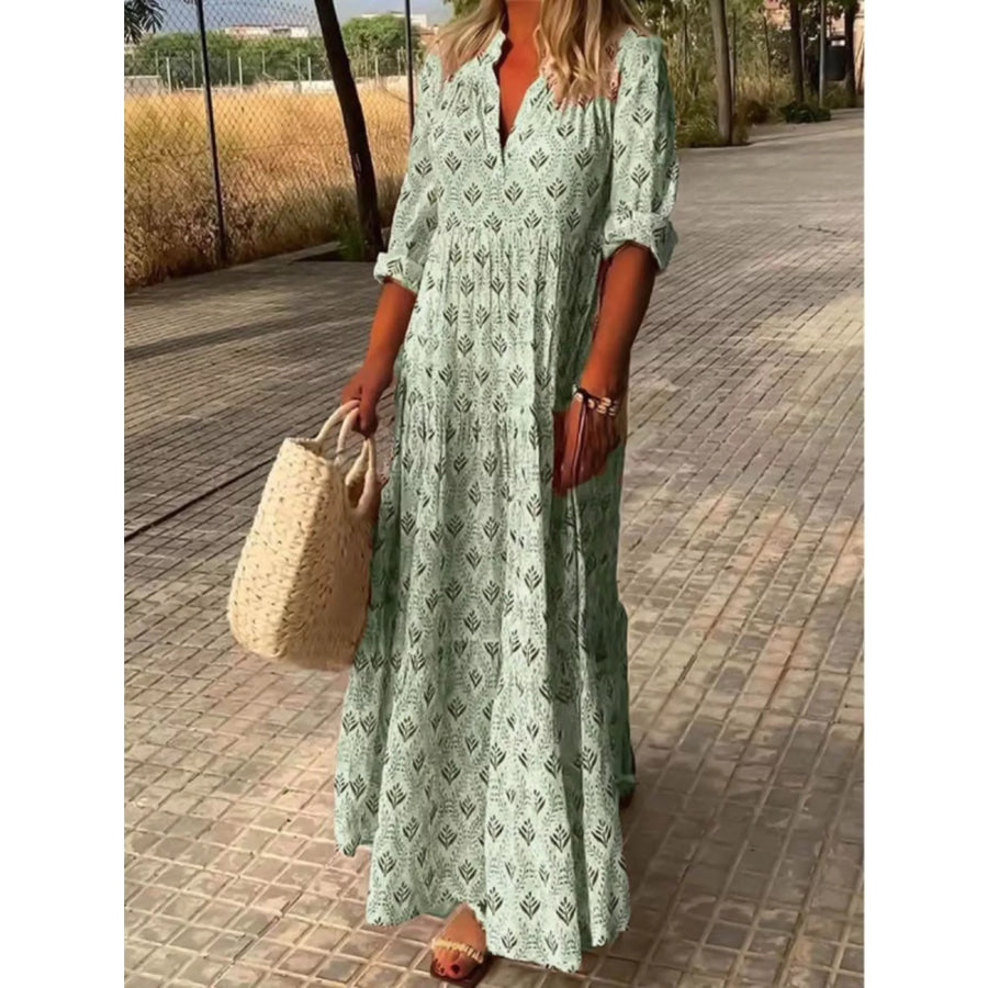 Full Size Printed Notched Tiered Maxi Dress Plus Green / S Apparel and Accessories