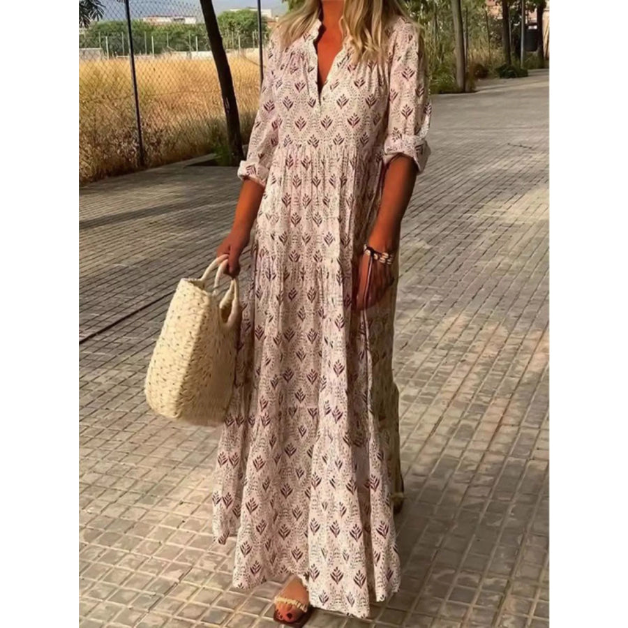 Full Size Printed Notched Tiered Maxi Dress Plus Pink / S Apparel and Accessories