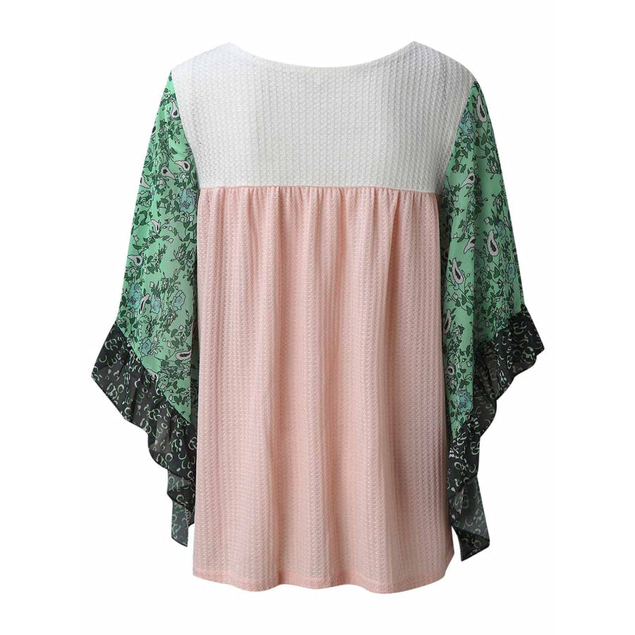 Full Size Printed Round Neck Three-Quarter Sleeve Blouse Apparel and Accessories