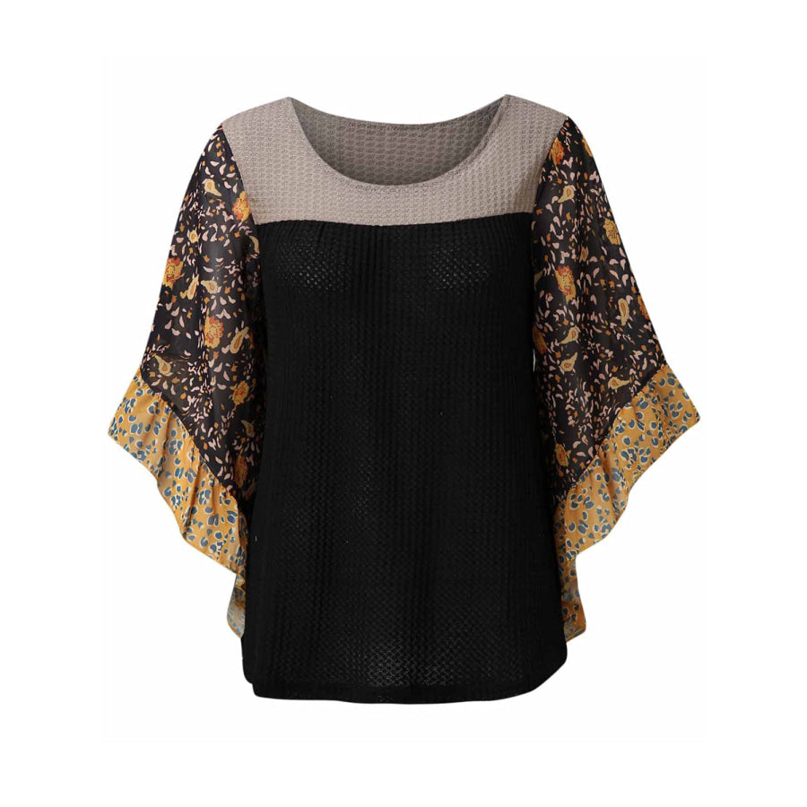 Full Size Printed Round Neck Three-Quarter Sleeve Blouse Apparel and Accessories