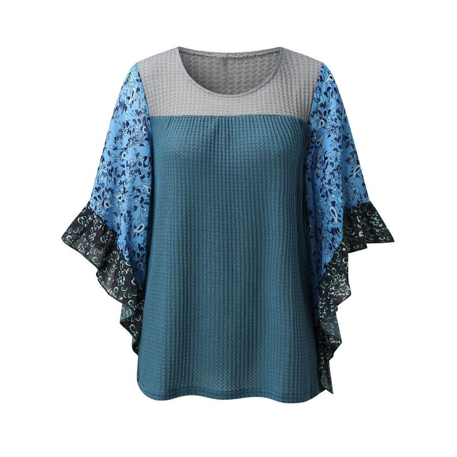 Full Size Printed Round Neck Three-Quarter Sleeve Blouse Apparel and Accessories