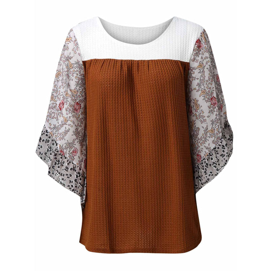 Full Size Printed Round Neck Three-Quarter Sleeve Blouse Apparel and Accessories