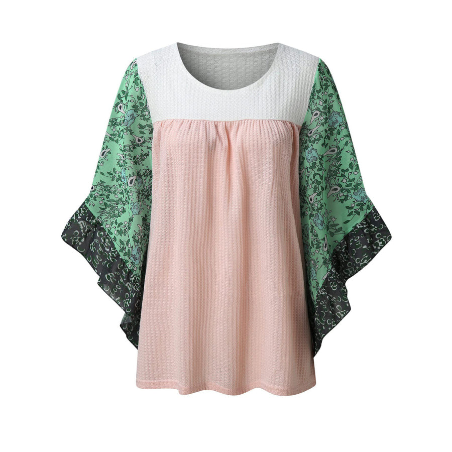 Full Size Printed Round Neck Three-Quarter Sleeve Blouse Apparel and Accessories