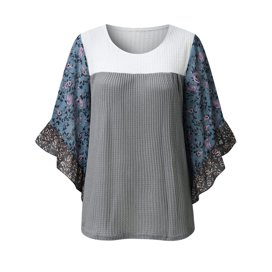 Full Size Printed Round Neck Three-Quarter Sleeve Blouse Apparel and Accessories