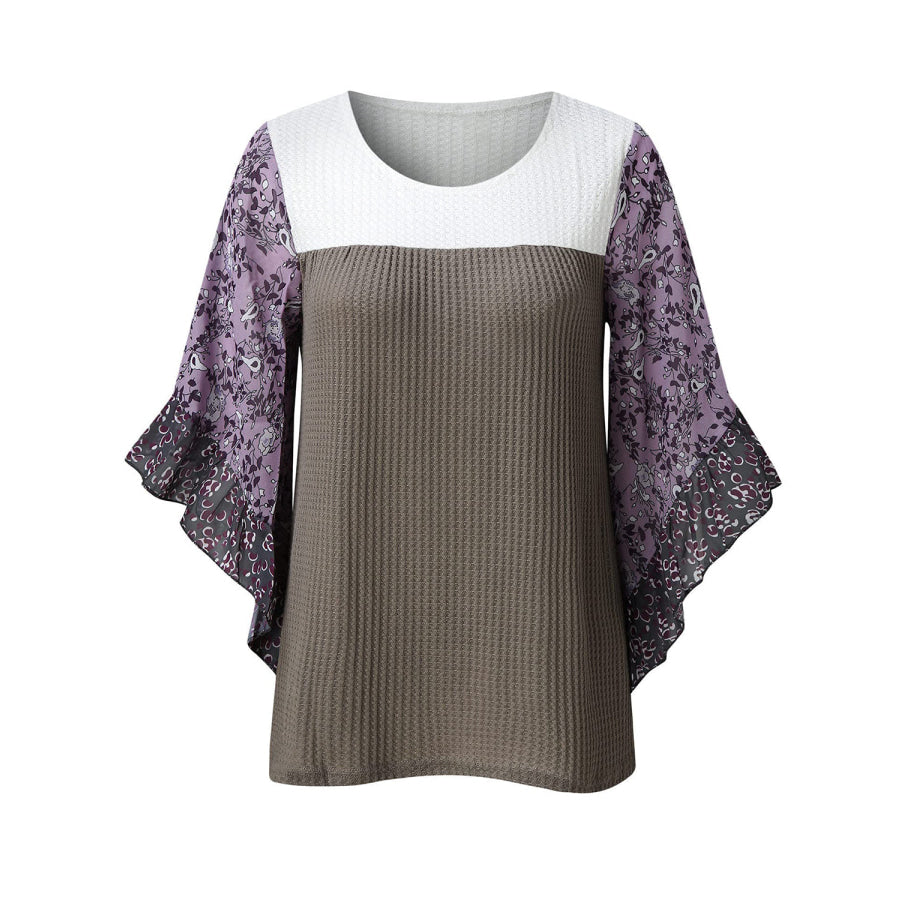 Full Size Printed Round Neck Three-Quarter Sleeve Blouse Apparel and Accessories