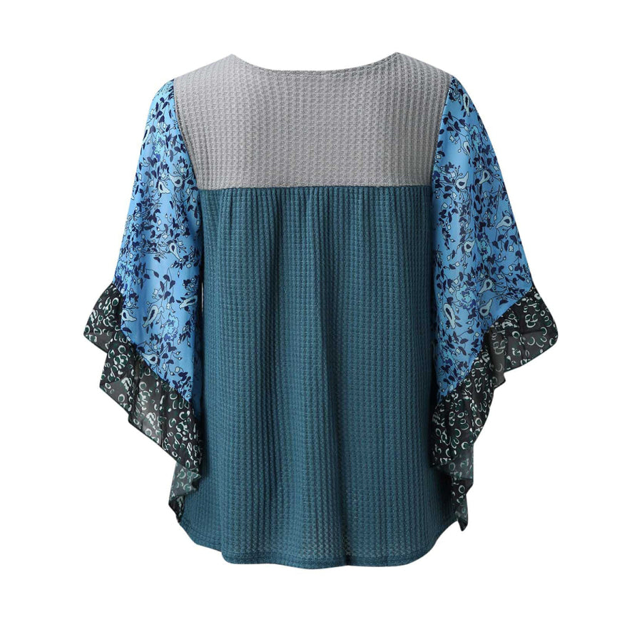 Full Size Printed Round Neck Three-Quarter Sleeve Blouse Apparel and Accessories