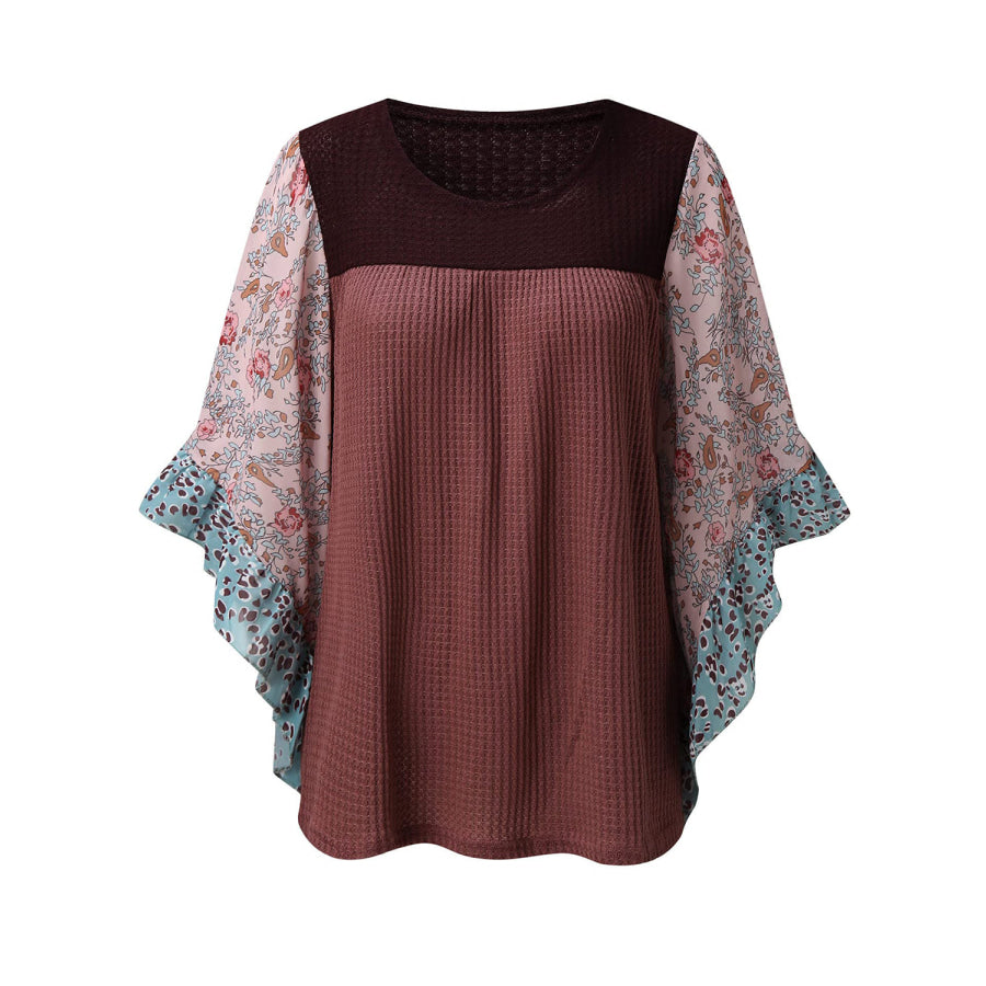 Full Size Printed Round Neck Three-Quarter Sleeve Blouse Apparel and Accessories