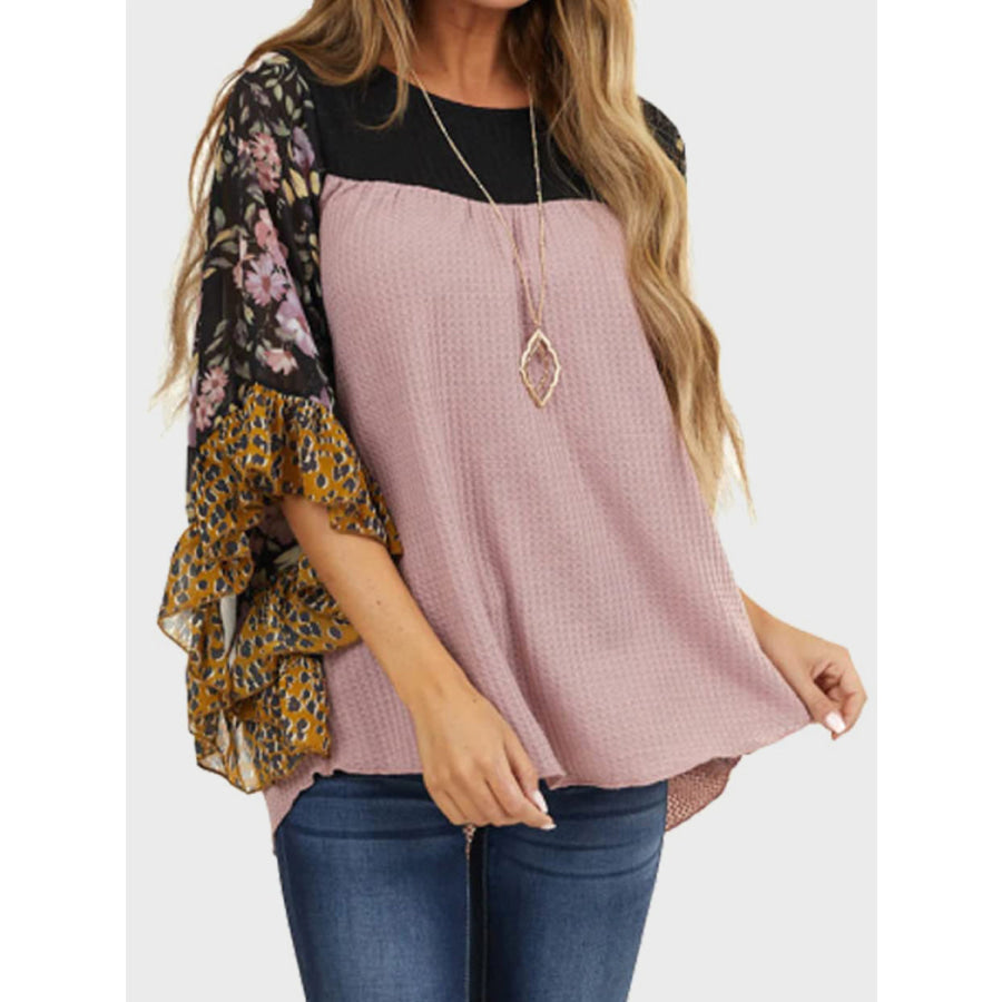 Full Size Printed Round Neck Three-Quarter Sleeve Blouse Apparel and Accessories