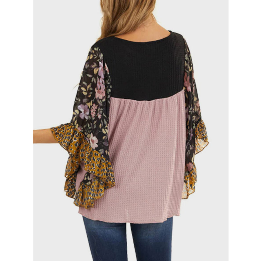 Full Size Printed Round Neck Three-Quarter Sleeve Blouse Apparel and Accessories